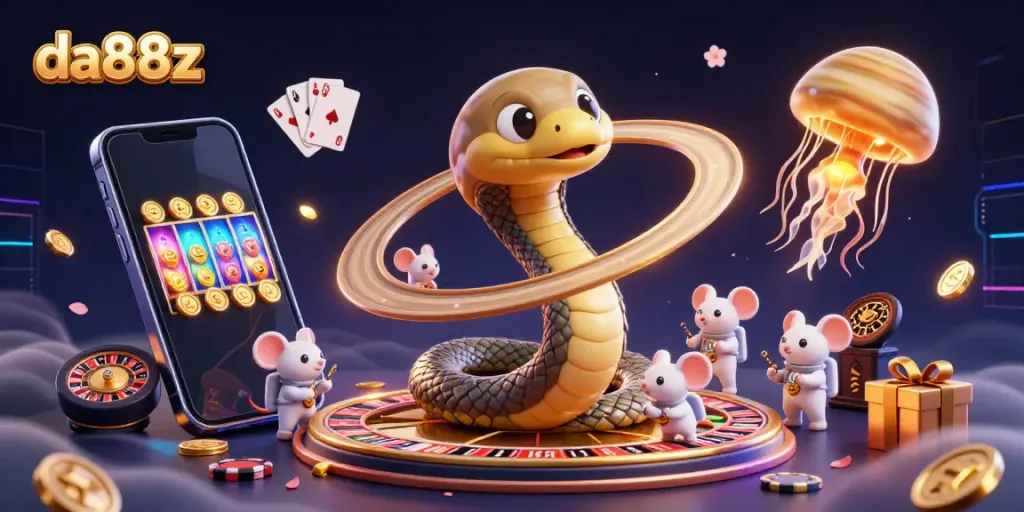 Engage with da88z featuring a coiled Saturn snake as a roulette wheel while astronauts mice bet in a cosmic casino.