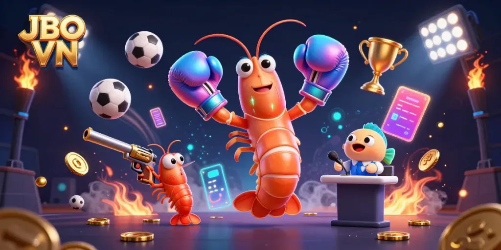 Engage in dynamic betting action with JBO VN alongside vibrant illustrations of sports elements.