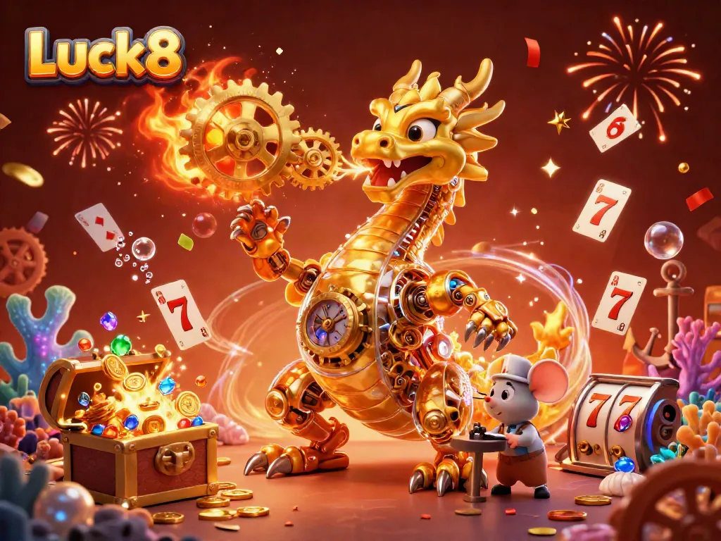 Experience Luck8 with a golden dragon and mouse engineer celebrating casino wins in a vibrant underwater setting.