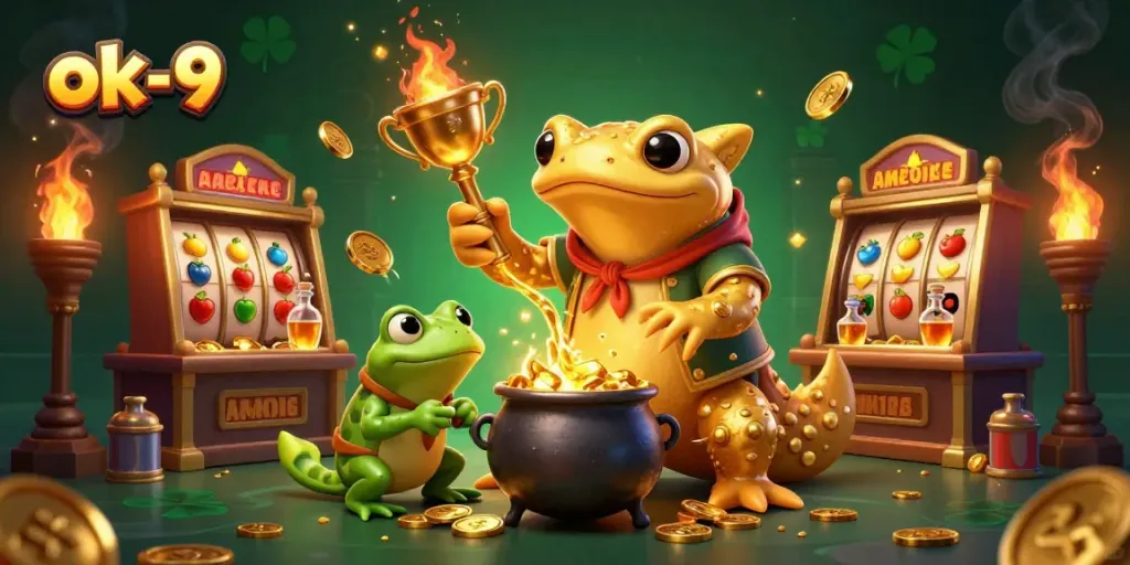 Experience the thrill of winning at ok-9 with a vibrant 3D casino scene filled with gold coins and slot machines.