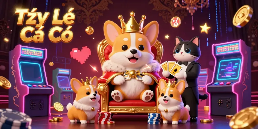 Tỷ Lệ Cá Cược scene featuring a royal corgi and cat butler in a vibrant casino atmosphere.