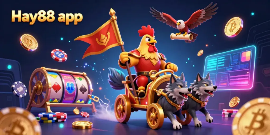 Engage with Hay88 app in a vibrant world of online gambling with a dynamic illustration of digital casino elements.