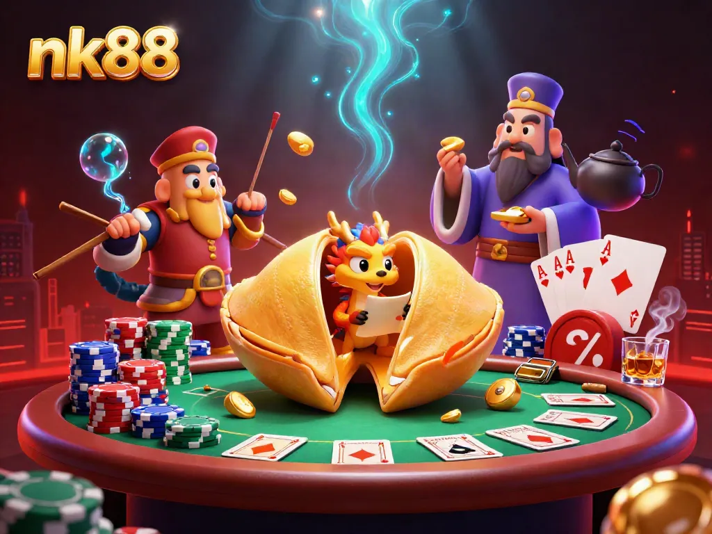 Engage in thrilling betting with nk88's dynamic casino illustration featuring fortune cookie characters.