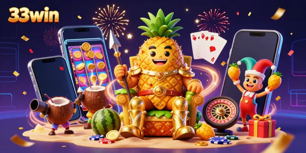 Experience the vibrant 33win beach casino with golden characters and dynamic game elements.