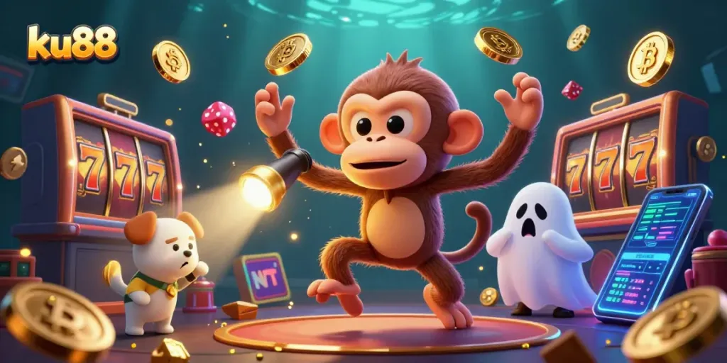 Win big with ku88 at the haunted casino, featuring a playful ghost-hunter puppy and golden collectibles.