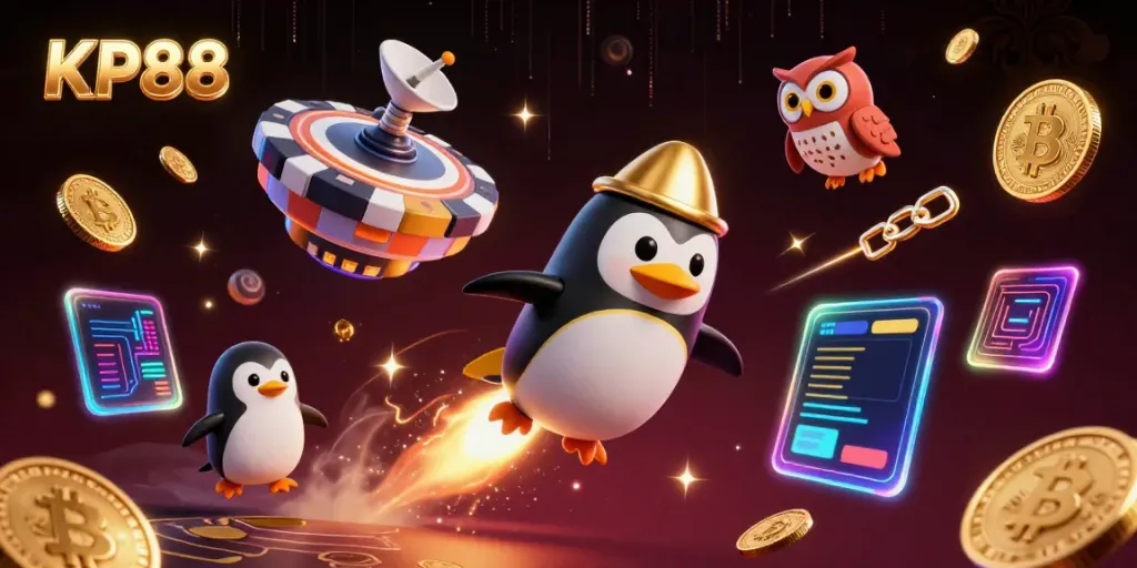 Engage with KP88's thrilling casino experience featuring a golden penguin flying to a poker chip space station.