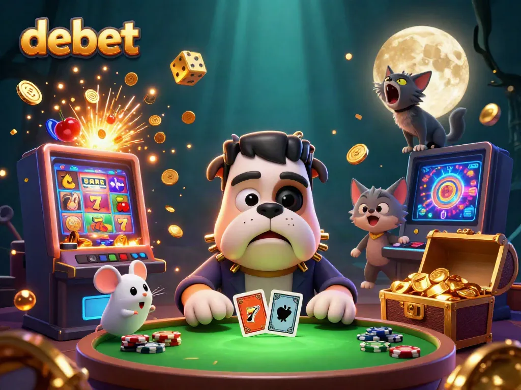 Experience debet with a lively scene of cartoon characters engaged in casino action and winning games.