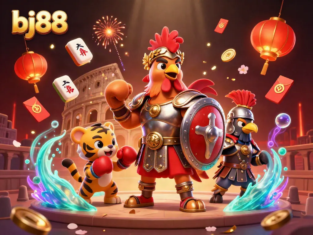 BJ88 showcases a thrilling scene with a gladiator rooster and casino elements, capturing the excitement of online gaming.