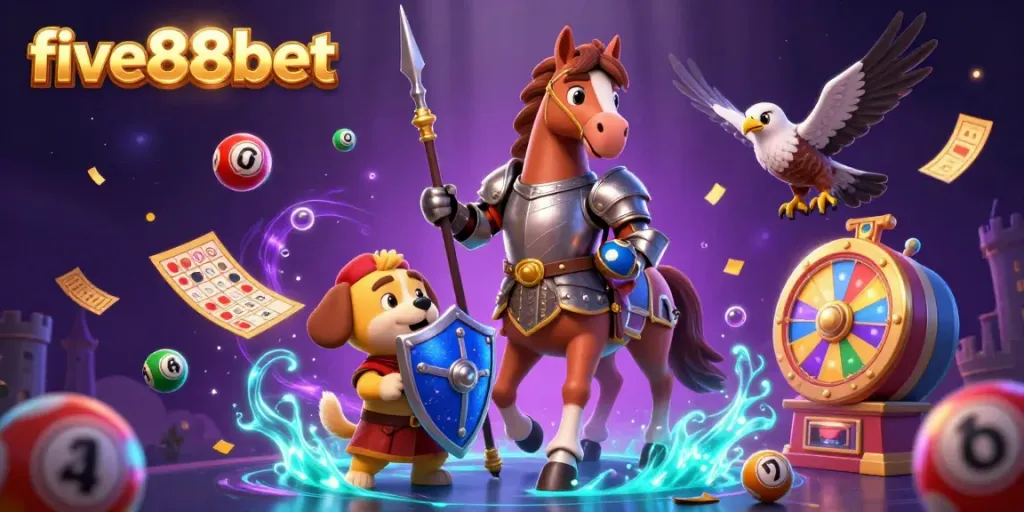 Experience the thrill of gaming with five88bet's exciting medieval-themed casino scene featuring knights and prizes.