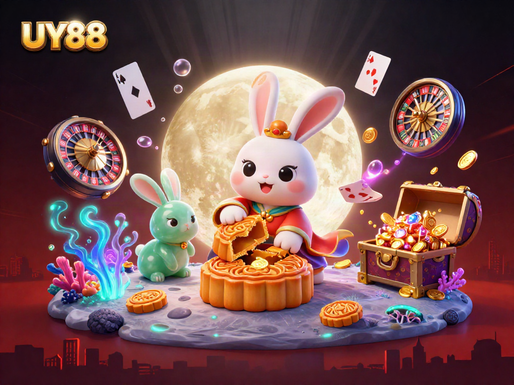 Play poker with UY88 in a vibrant scene featuring a moon rabbit and roulette wheel.