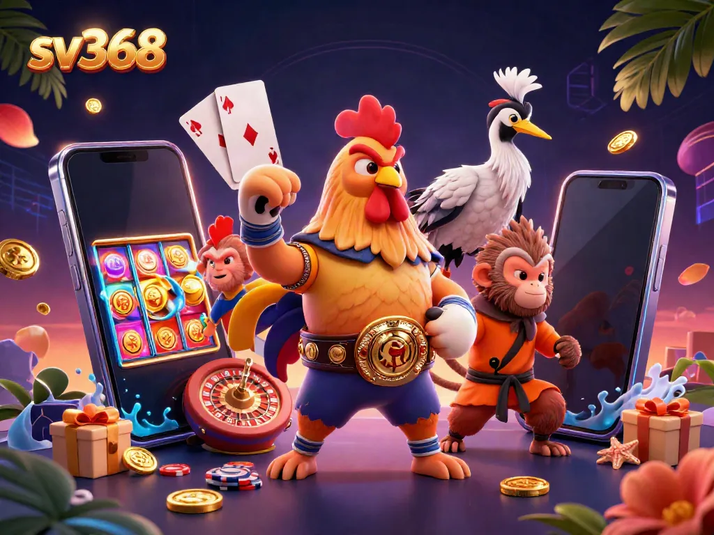 Experience sv368 thrills with a dynamic 3D illustration of adventurous casino characters.