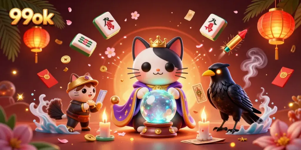 Experience the magic of 99ok with a mystic cat and raven in a vibrant casino-themed scene.