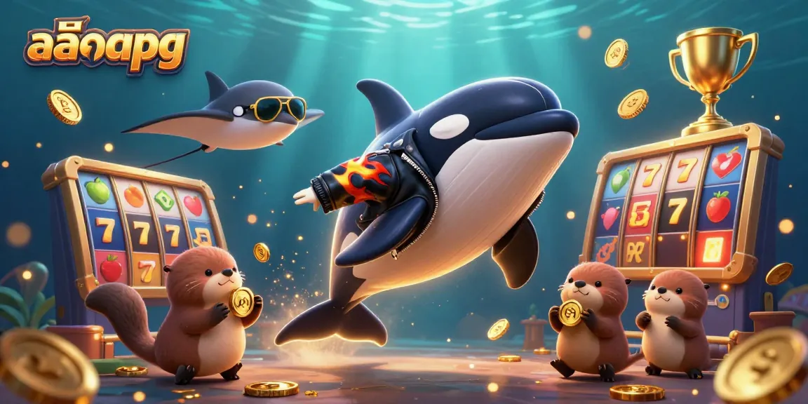 Experience exciting สล็อตpg gameplay with a dynamic 3D orca and sea creatures in a vibrant casino scene.