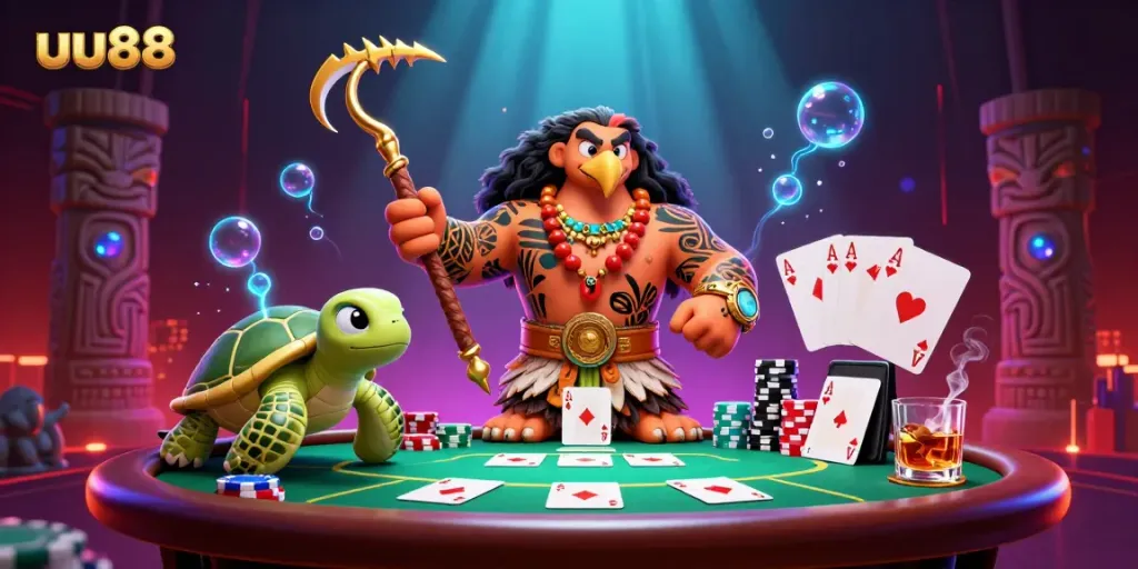 Win big with the stunning uu88 casino illustration featuring exotic characters and vibrant poker action.