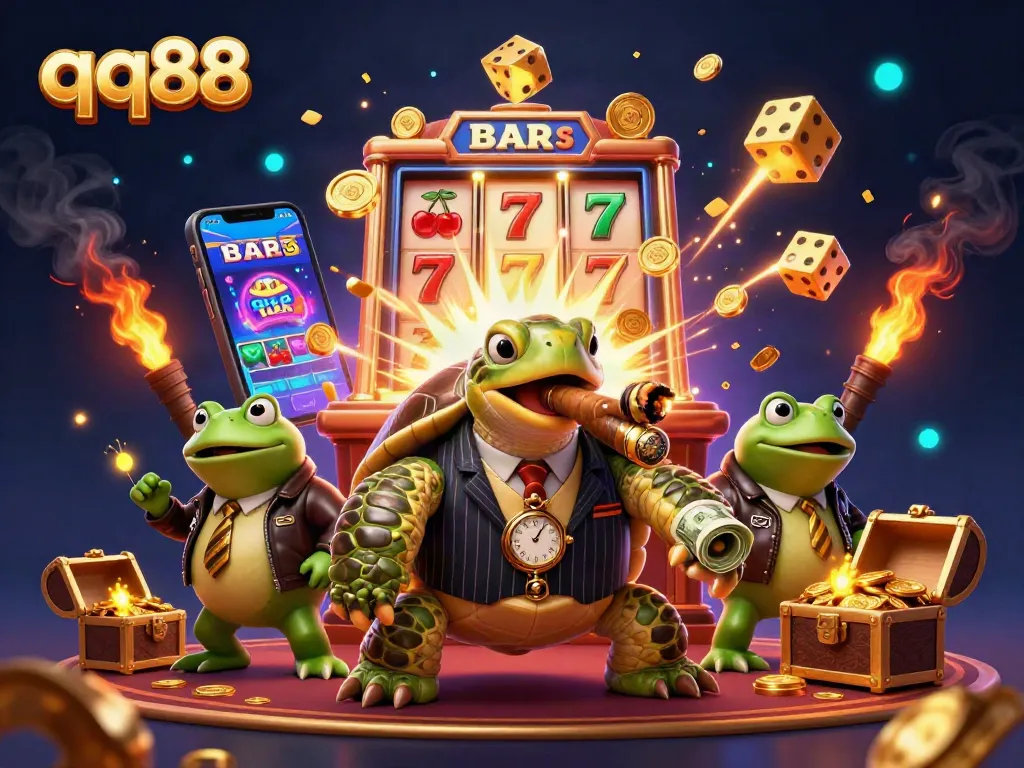 Experience thrilling jackpot fun with qq88 in this dynamic casino illustration showcasing vibrant characters and game elements.
