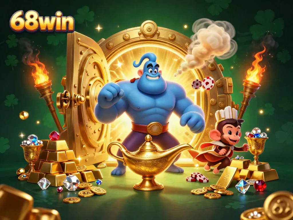 Experience the thrill of winning at 68win with a vibrant, dynamic 3D illustration featuring a magical atmosphere.