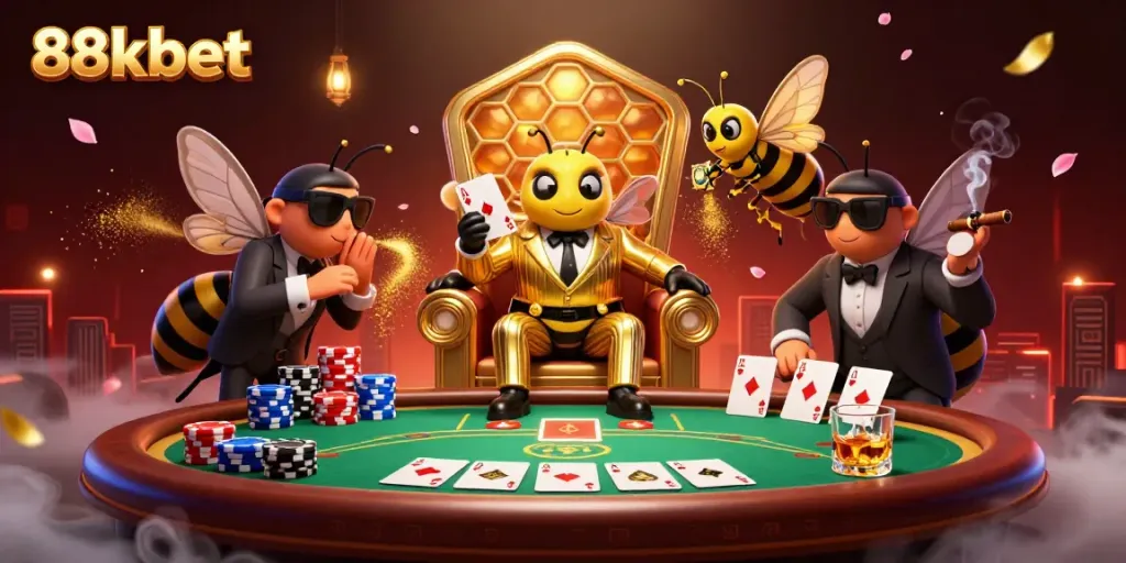 Experience the thrill of 88kbet with a lively casino scene featuring a cartoon bee mob boss and his entourage.