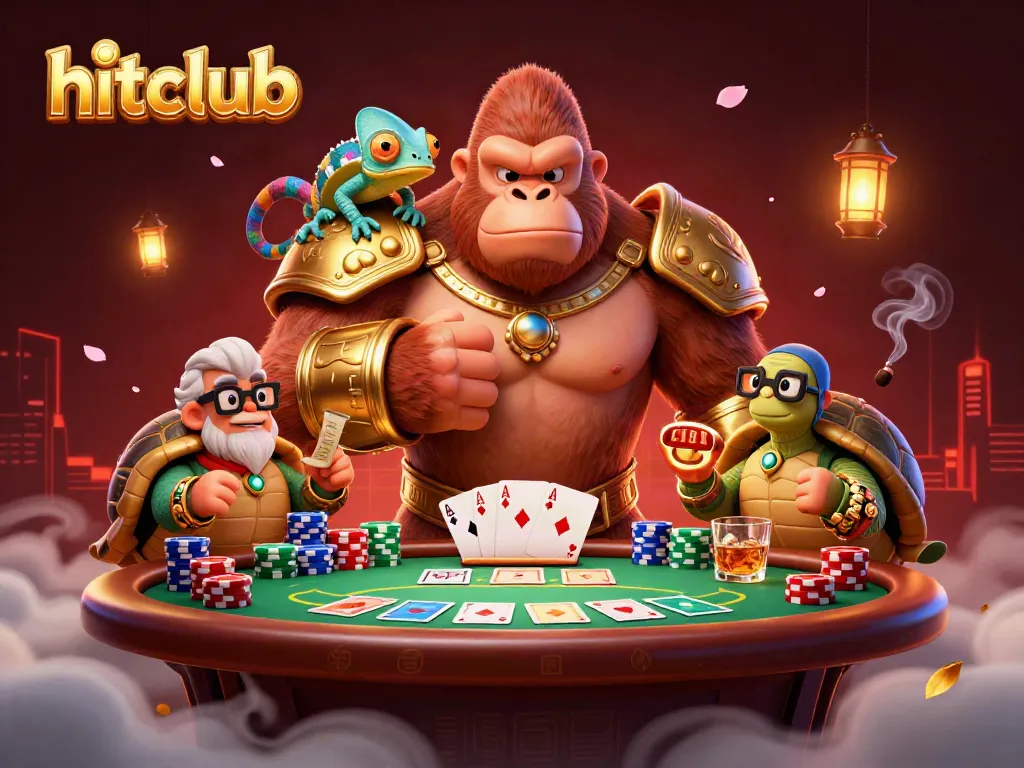 hitclub gorilla king celebrates a poker victory with chameleon and tortoise, vibrant casino scene.