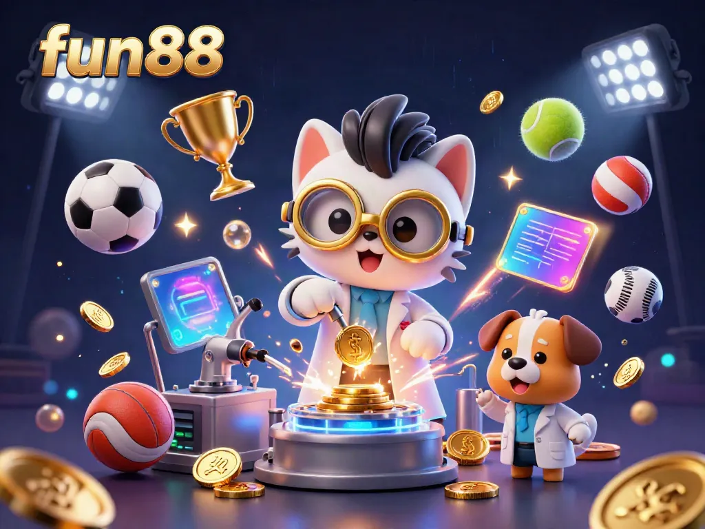 Experience excitement with fun88 as characters create a gold-coin machine amidst sports betting elements.