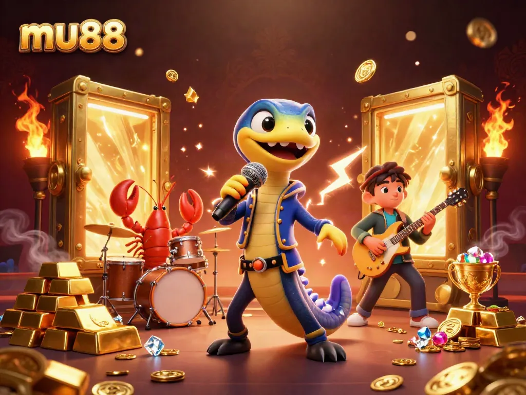 Experience the excitement of mu88 with a lively underwater casino scene featuring a DJ electric eel and his band.