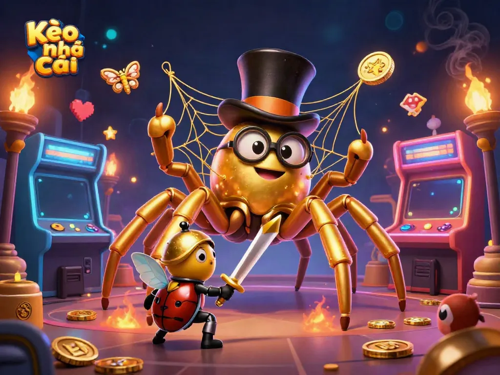 Bettors engage with Kèo nhà cái in a vibrant casino scene featuring a golden tarantula and a beetle knight.
