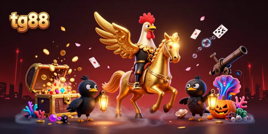Engage with thrilling gambling action at tg 88, featuring a golden rooster in a vibrant casino scene.