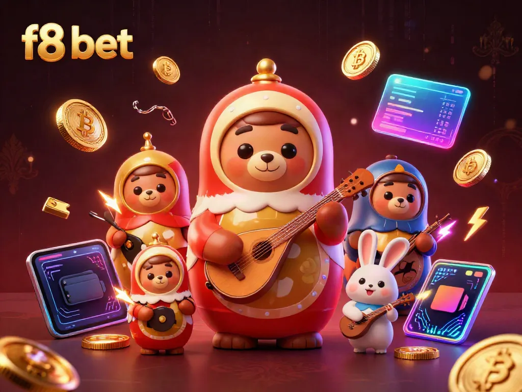 Engage in the f8 bet experience with bears and a rabbit in a vibrant casino-themed illustration.