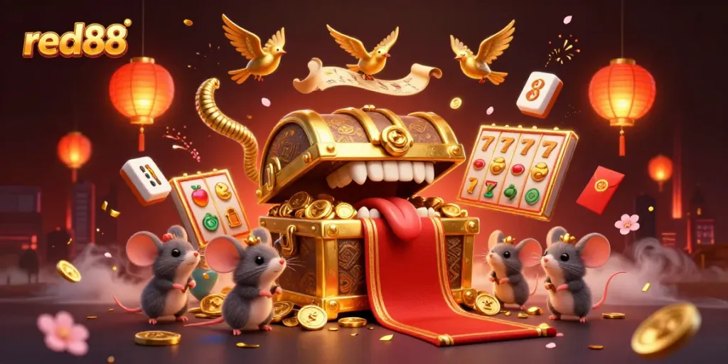 Experience the excitement of red88 with a treasure chest luring adventurer mice amidst vibrant casino elements.
