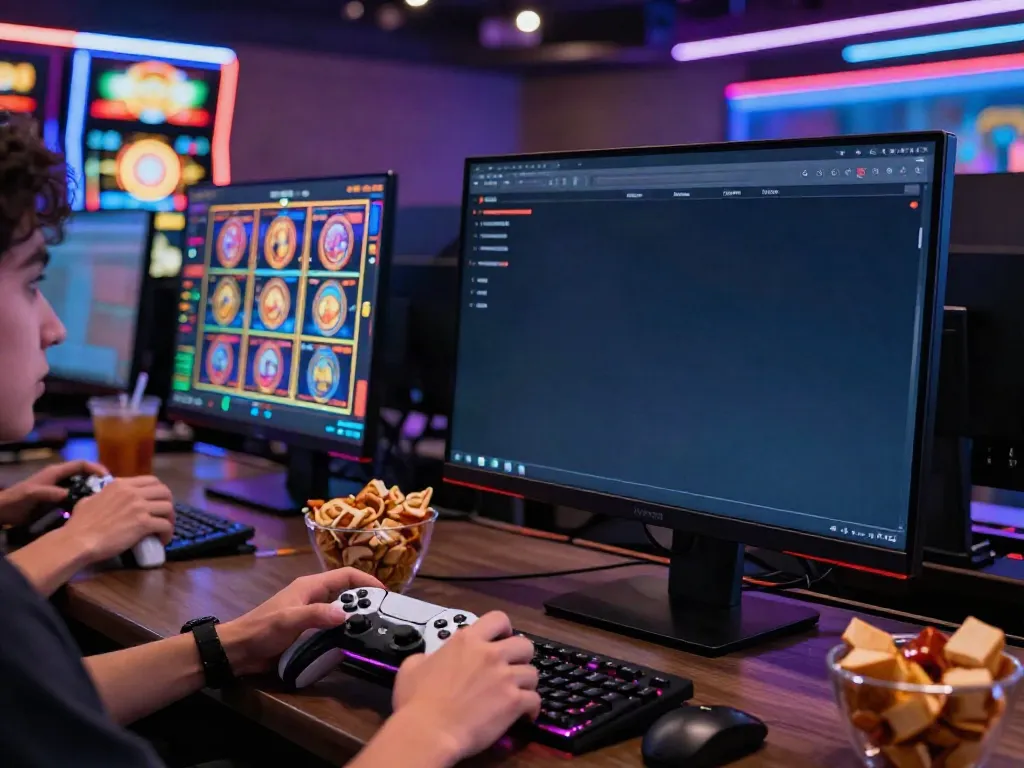 A80 gaming platform interface displayed on a desktop with a gamer engaged in colorful slot games.