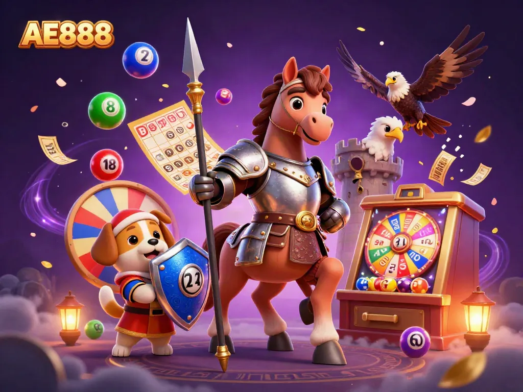 AE888 knights revel with vibrant casino elements in an engaging gaming atmosphere.