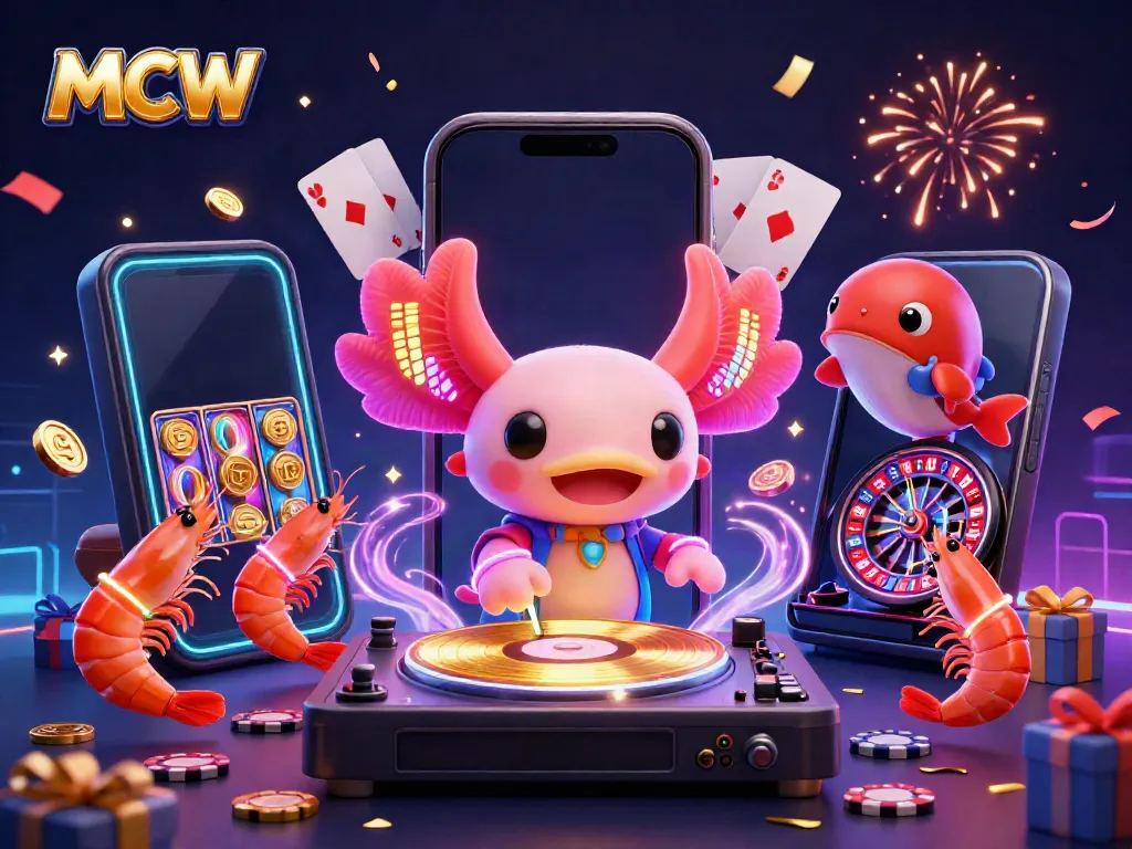 MCW presents dynamic underwater gaming scene with a neon axolotl DJ, shrimp crew, and slot game excitement.