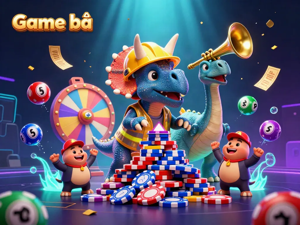 Experience vibrant Game bài excitement with a cartoon triceratops and friends building poker chip pyramids.