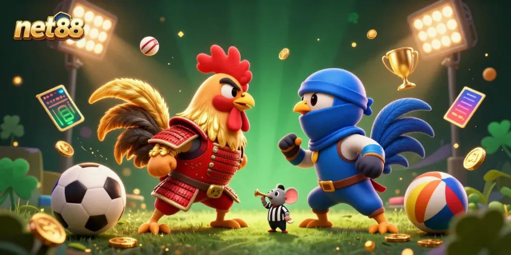 Experience fierce competition in cockfighting with net88's twin roosters clash amidst dynamic gaming elements.