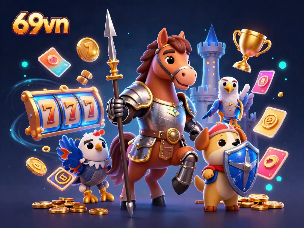 Experience thrilling action and jackpots at 69vn with illustrated casino elements and characters.