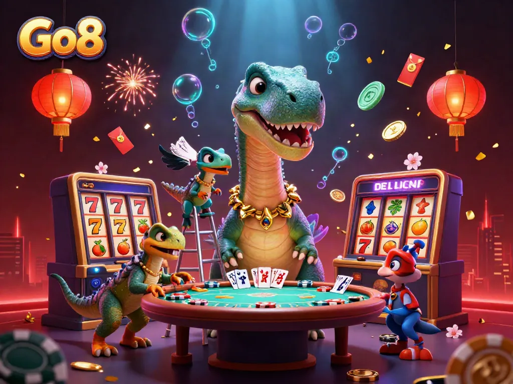 Engage with Go8-themed slots featuring a brontosaurus and raptor in a vibrant casino scene.