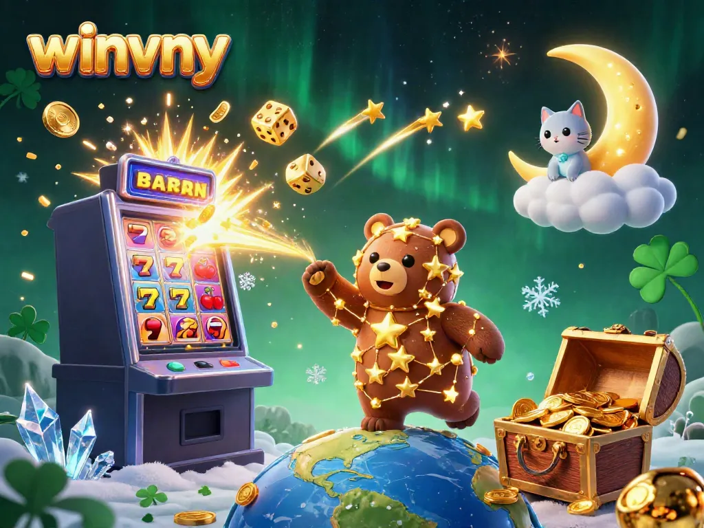 Experience the thrilling excitement of winvny as a constellation bear catches coins amidst a vibrant casino world.