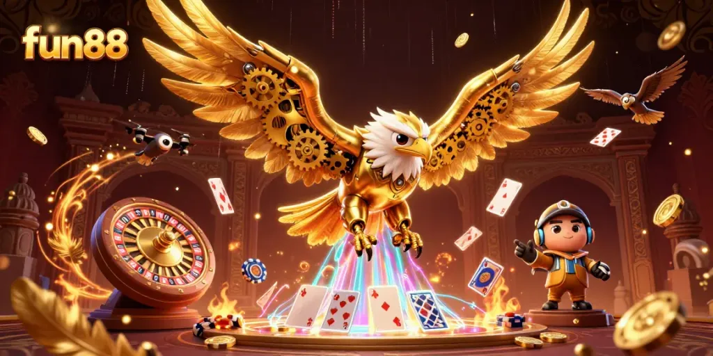 Experience fun88 excitement with a golden eagle diving through vibrant casino elements.