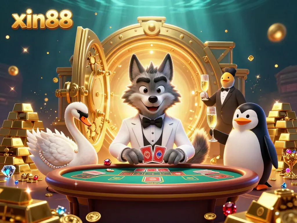 Experience the thrill of xin88 casino with a debonair wolf and elegant swan at a baccarat table surrounded by treasures.