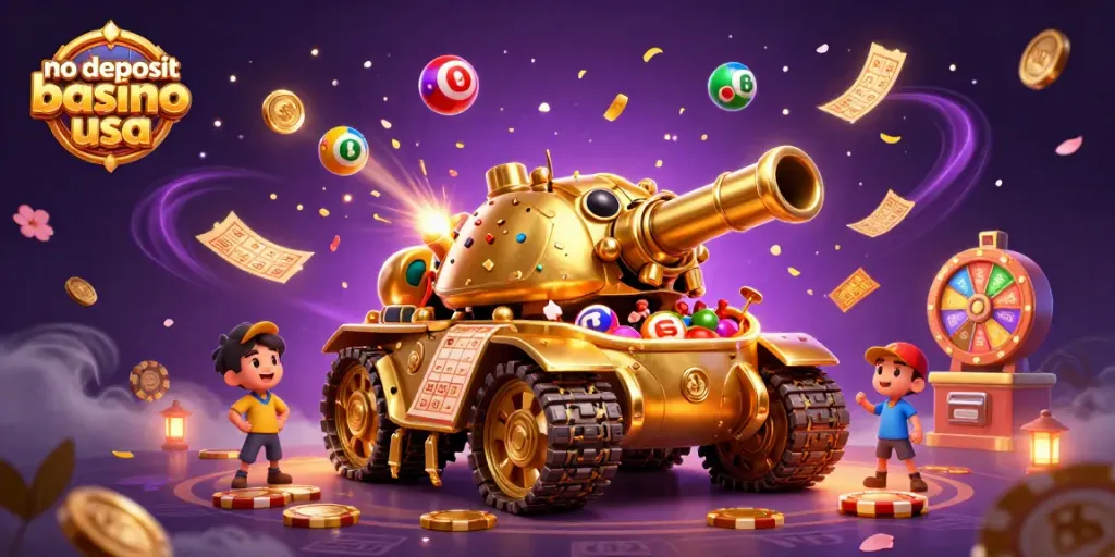 No deposit bonus casino usa with a dynamic golden beetle tank casino scene filled with games, confetti, and excitement.