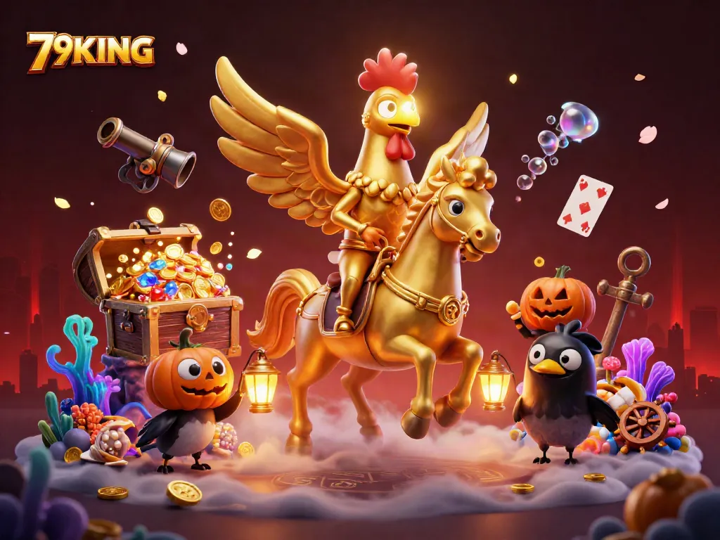 79KING presents a vibrant casino scene with a golden rooster and friends exploring games and treasures.