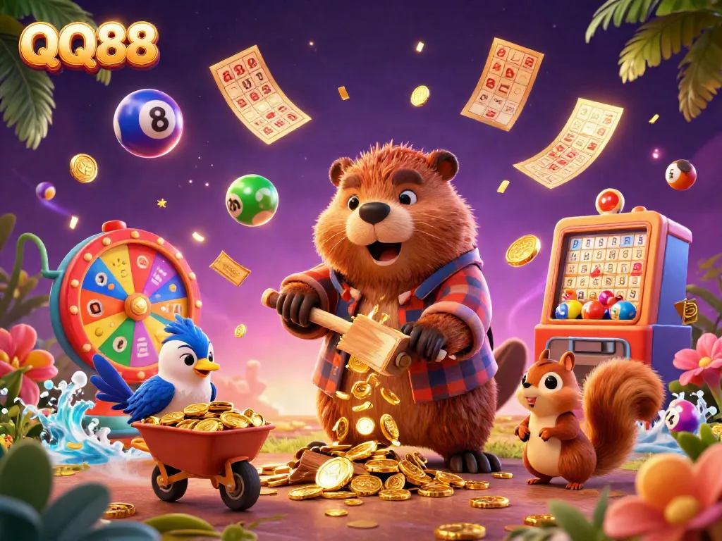 Experience thrilling wins at QQ88 with vibrant coin rain and lottery excitement in this dynamic casino illustration.
