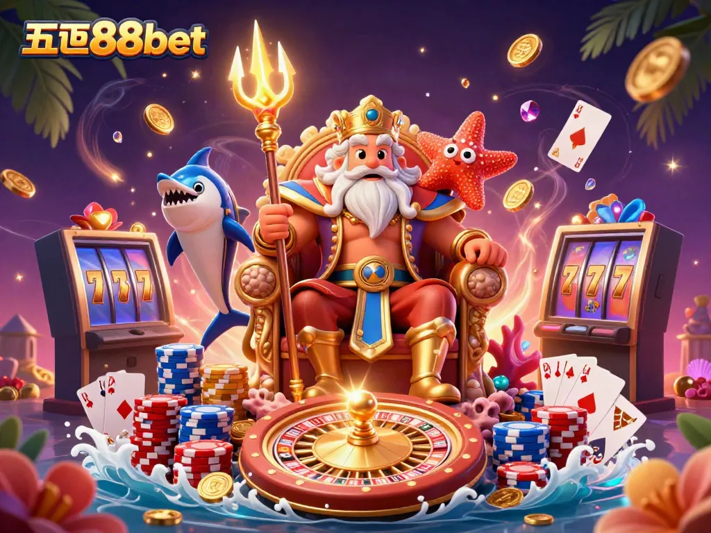 Experience the thrill of five88bet with Neptune and friends amid cascading coins and vibrant gaming elements.