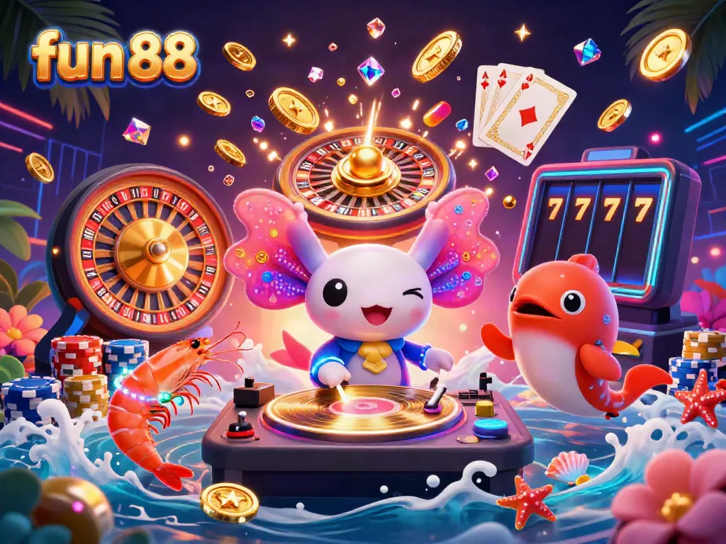Experience fun 88 with vibrant casino-themed elements and animated characters in a colorful underwater scene.