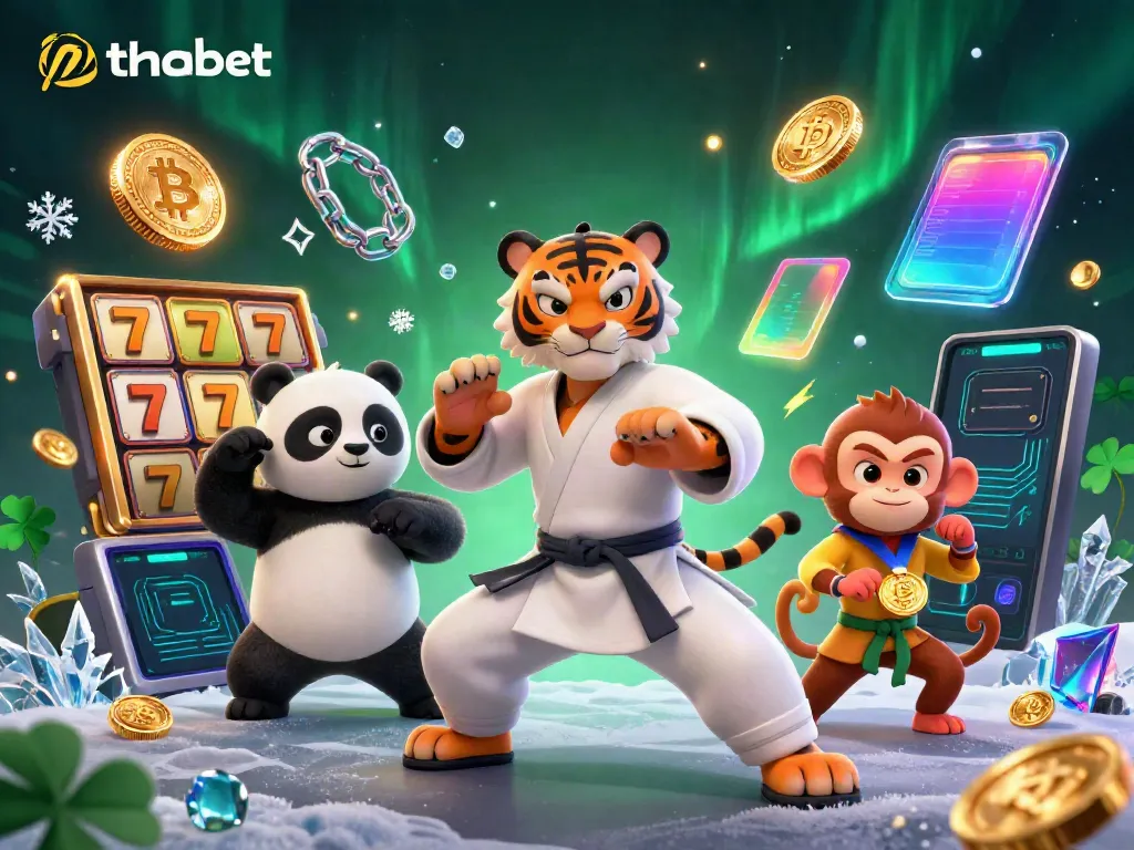 Experience thrilling slots with thabet in a dynamic 3D casino scene featuring animated characters and crypto elements.