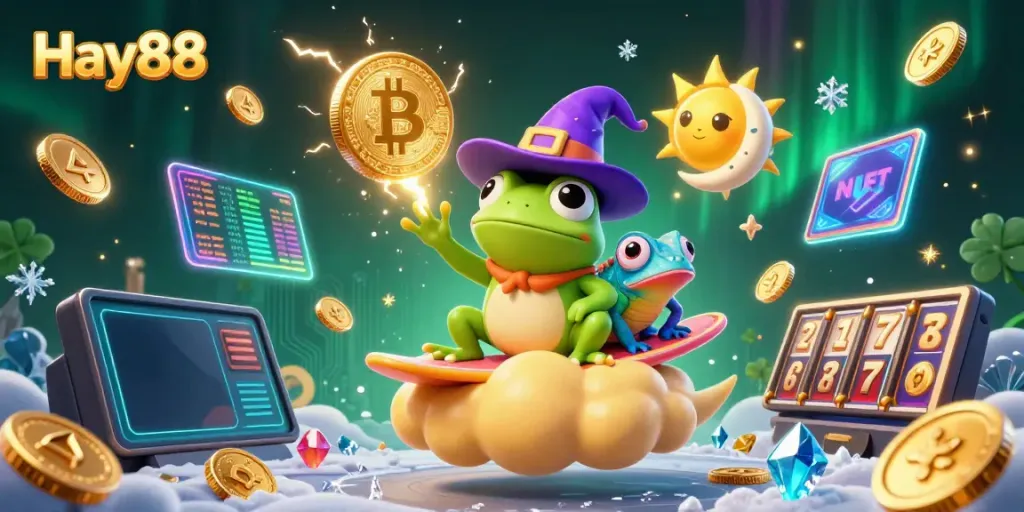 Engage in exciting casino adventures with Hay88 through a vibrant 3D illustration of whimsical characters, golden coins, and gaming elements.