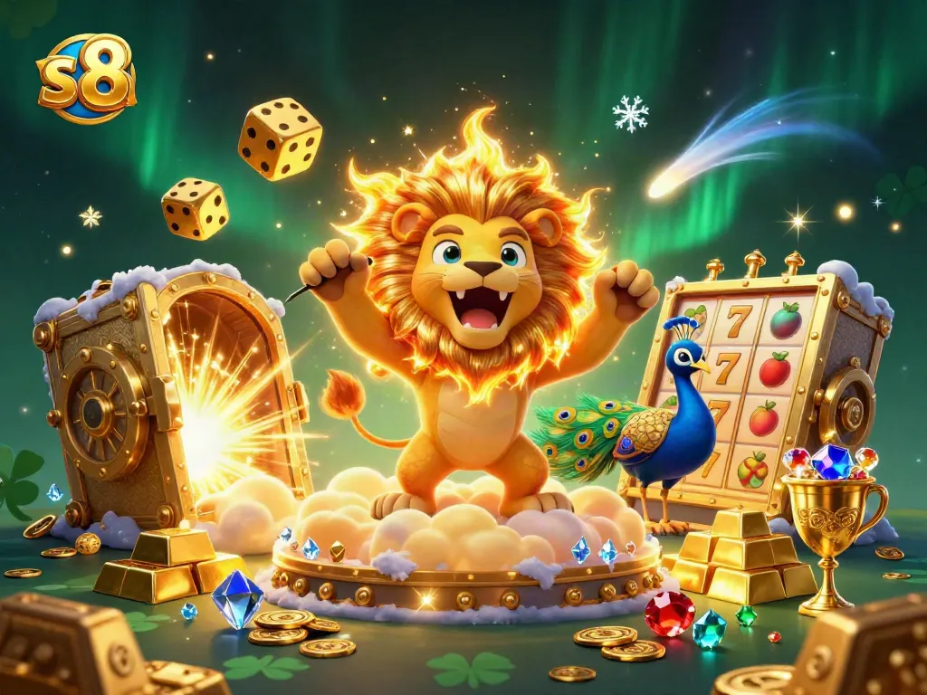 Spin the slot reels with s8's golden treasures in a vibrant casino landscape illustration.