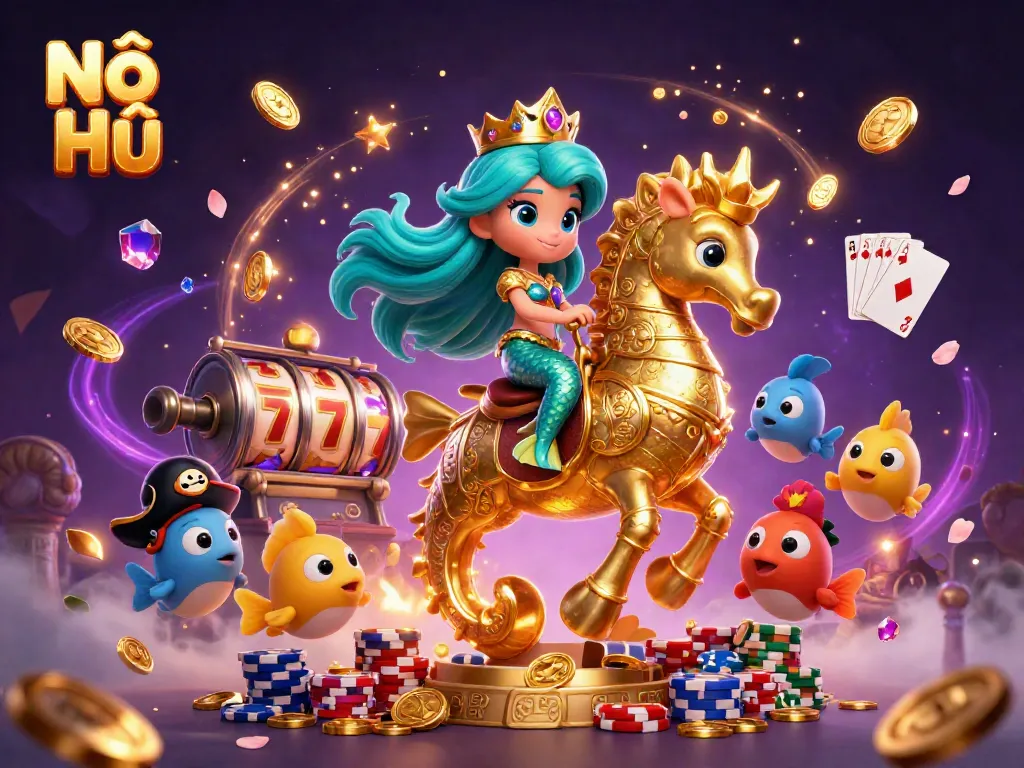 Win big with Nổ Hũ as the enchanting mermaid princess rides her golden seahorse amidst shimmering coins and slot machines.