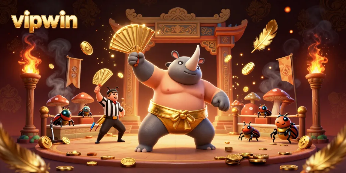Bet on victory with vipwin: A vibrant 3D illustration featuring a rhinoceros beetle sumo champion winning in a thrilling casino arena.