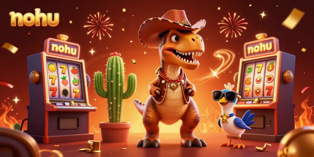 Experience the exciting nohu casino with a vibrant 3D dinosaur scene complete with slot machines and celebratory elements.