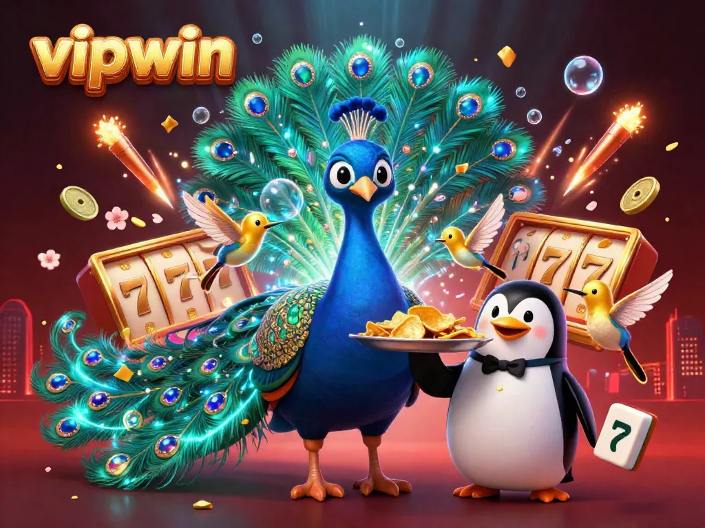 Experience thrilling entertainment with vipwin's extravagant casino scene featuring animated characters and vibrant gaming elements.
